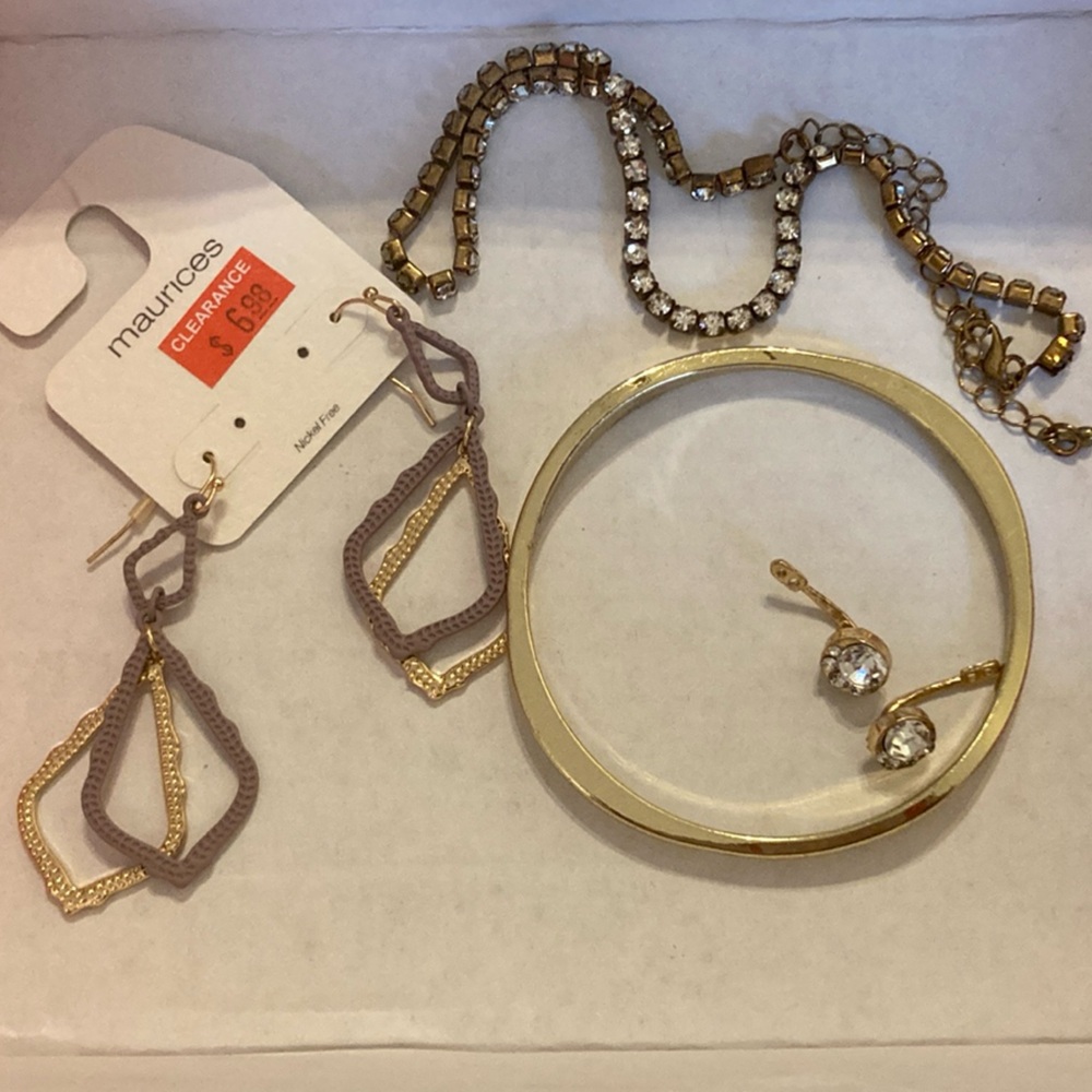 Maurices Gold and purple earrings with gold bracelet, choker and ear jackets.